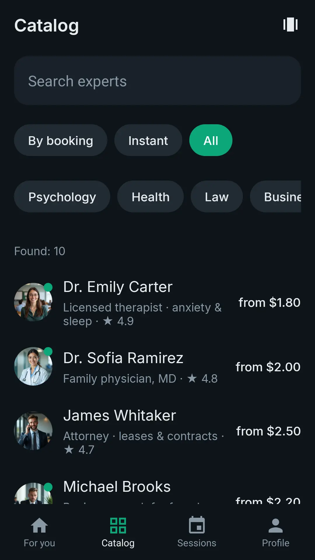 DealApp catalog: experts with specialty, rating and price per minute