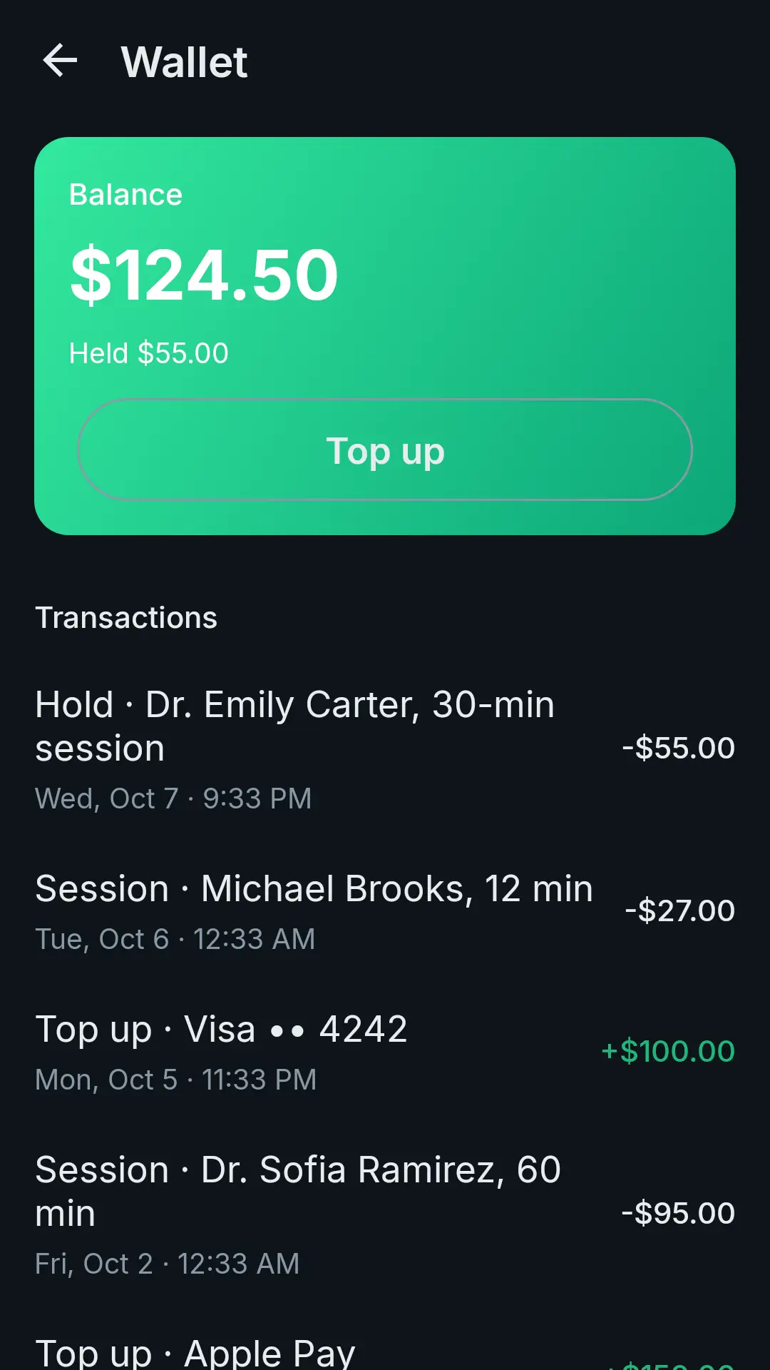 DealApp wallet: balance, amount on hold, Top up button and transactions